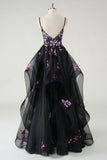 A Line Deep V Neck Black Long Prom Dress with Sequined Appliques