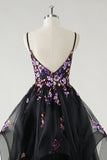 A Line Deep V Neck Black Long Prom Dress with Sequined Appliques