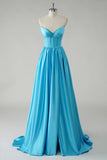 Sparkly Blue A-Line Strapless Sequin Corset Long Prom Dress