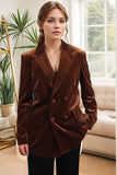 Coffee Peak Lapel Velvet Double Breasted Blazer