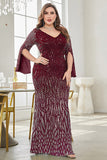 Burgundy Glitter Mermaid V Neck Ball Dress with Beaded