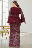 Burgundy Glitter Mermaid V Neck Ball Dress with Beaded