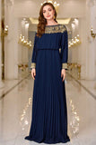 Navy Pleated A Line Boat Neck Long Ball Dress