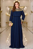 Navy Pleated A Line Boat Neck Long Ball Dress