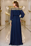 Navy Pleated A Line Boat Neck Long Ball Dress