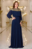 Navy Pleated A Line Boat Neck Long Ball Dress