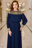 Navy Pleated A Line Boat Neck Long Ball Dress