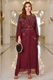 Sparkly Burgundy A Line Round Neck Long Sleeves Ball Dress