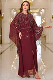 Sparkly Burgundy A Line Round Neck Long Sleeves Ball Dress