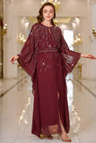 Sparkly Burgundy A Line Round Neck Long Sleeves Ball Dress