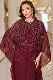 Sparkly Burgundy A Line Round Neck Long Sleeves Ball Dress