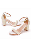 Ivory Open Toe Chunky Heel Shoes with Pearls