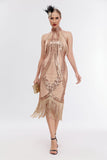 Champagne Halter 1920s Dress with Sequins