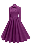 Purple Pleated Bow Tie 1950s Dress with Long Sleeves