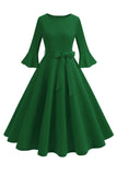 Dark Green Round Neck Pleated Long Sleeves 1950s Vintage Dress