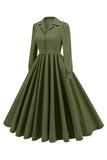 Army Green Notched Lapel Pleated 1950s Dress with Long Sleeves