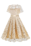 Apricot Sequined Leaf Embroidered Mesh Overlay Elegant Vintage Dress