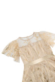 Apricot Sequined Leaf Embroidered Mesh Overlay Elegant Vintage Dress