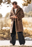 Fluffy Notched Lapel Faux Fur Long Khaki Men's Coat