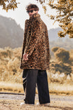 Brown Leopard Print Lapel Collar Faux Fur Mid-Length Men's Winter Coat