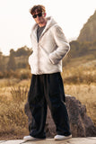 Ivory Faux Fur Zip-Up Hoodie Long Sleeves Men's Winter Coat