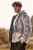 Grey Midi Shearling Men's Winter Coat with Hood