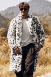 White Black Faux Fur Print Leopard Mid-Length Collar Men's Coat