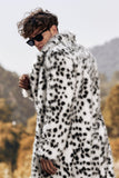 White Black Faux Fur Print Leopard Mid-Length Collar Men's Coat