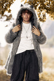 Grey Lapel Solid Color Faux Fur Long Sleeves Winter Men's Coat