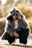 Grey Lapel Solid Color Faux Fur Long Sleeves Winter Men's Coat