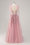 Pink A-Line Long Prom Dress with Appliques