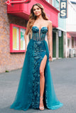 Peacock Blue Mermaid Streamer Strapless Corset Long Ball Dress with Slit