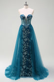 Peacock Blue Mermaid Streamer Strapless Corset Long Ball Dress with Slit