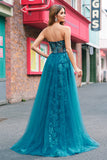 Peacock Blue Mermaid Streamer Strapless Corset Long Ball Dress with Slit