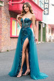 Peacock Blue Mermaid Streamer Strapless Corset Long Ball Dress with Slit