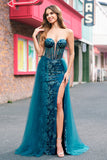 Peacock Blue Mermaid Streamer Strapless Corset Long Ball Dress with Slit