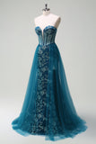 Sparkly Peacock Blue Mermaid Strapless Corset Long Prom Dress With Slit