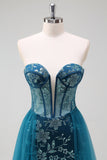 Sparkly Peacock Blue Mermaid Strapless Corset Long Prom Dress With Slit