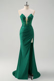 Sparkly Green Mermaid Strapless Corset Long Prom Dress with Slit