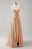 Glitter Champagne A Line Corset Strapless Prom Dress With Slit