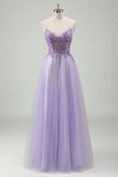 Sparkly Purple A Line Spaghetti Straps Corset Long Prom Dress With Appliques