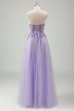 Sparkly Purple A Line Spaghetti Straps Corset Long Prom Dress With Appliques