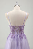 Sparkly Purple A Line Spaghetti Straps Corset Long Prom Dress With Appliques