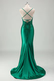 Sparkly Green Mermaid Spaghetti Straps Satin Long Prom Dress With Appliques