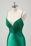 Sparkly Green Mermaid Spaghetti Straps Satin Long Prom Dress With Appliques