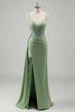 Sparkly Light Green Mermaid Spaghetti Straps Appliques Long Prom Dress With Slit