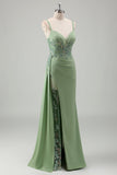 Sparkly Light Green Mermaid Spaghetti Straps Appliques Long Prom Dress With Slit