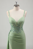 Sparkly Light Green Mermaid Spaghetti Straps Appliques Long Prom Dress With Slit