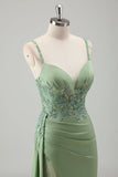 Sparkly Light Green Mermaid Spaghetti Straps Appliques Long Prom Dress With Slit