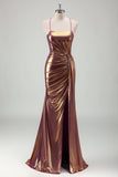 Metallic Gold Mermaid Spaghetti Straps Ruched Long Prom Dress With Slit